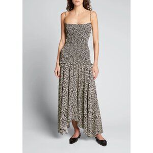Proenza Schouler Floral Smocked Handkerchief Hem Midi Maxi Sundress Brown 12